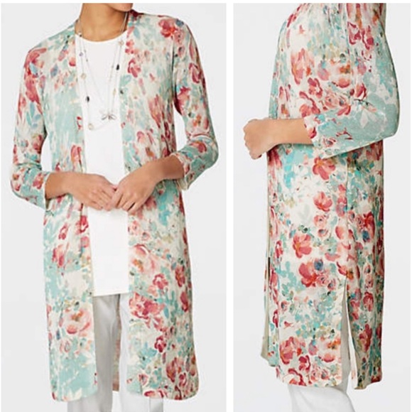 J. Jill Sweaters - J. Jill Petite Linen Blend Blue Floral Longline Duster Open Front Cardigan